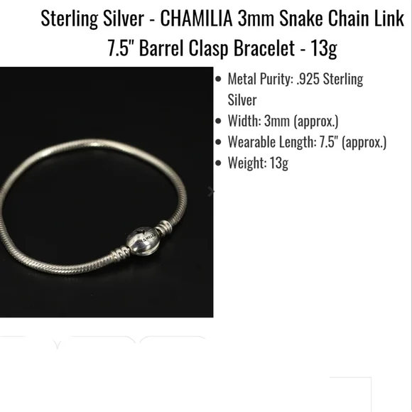 CHAMILLIA 3mm Snake Chain Link 7.5" Barrel Clasp Bracelet - 13g Sterling Silver - Picture 3 of 6
